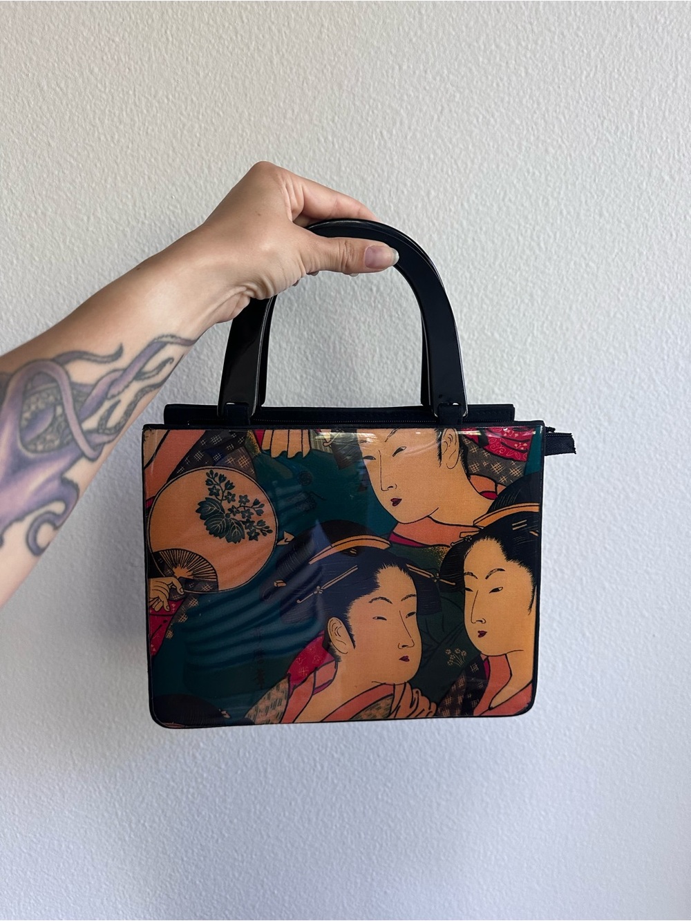 Geisha Print Satchel Handbag in Black and Multi-Color